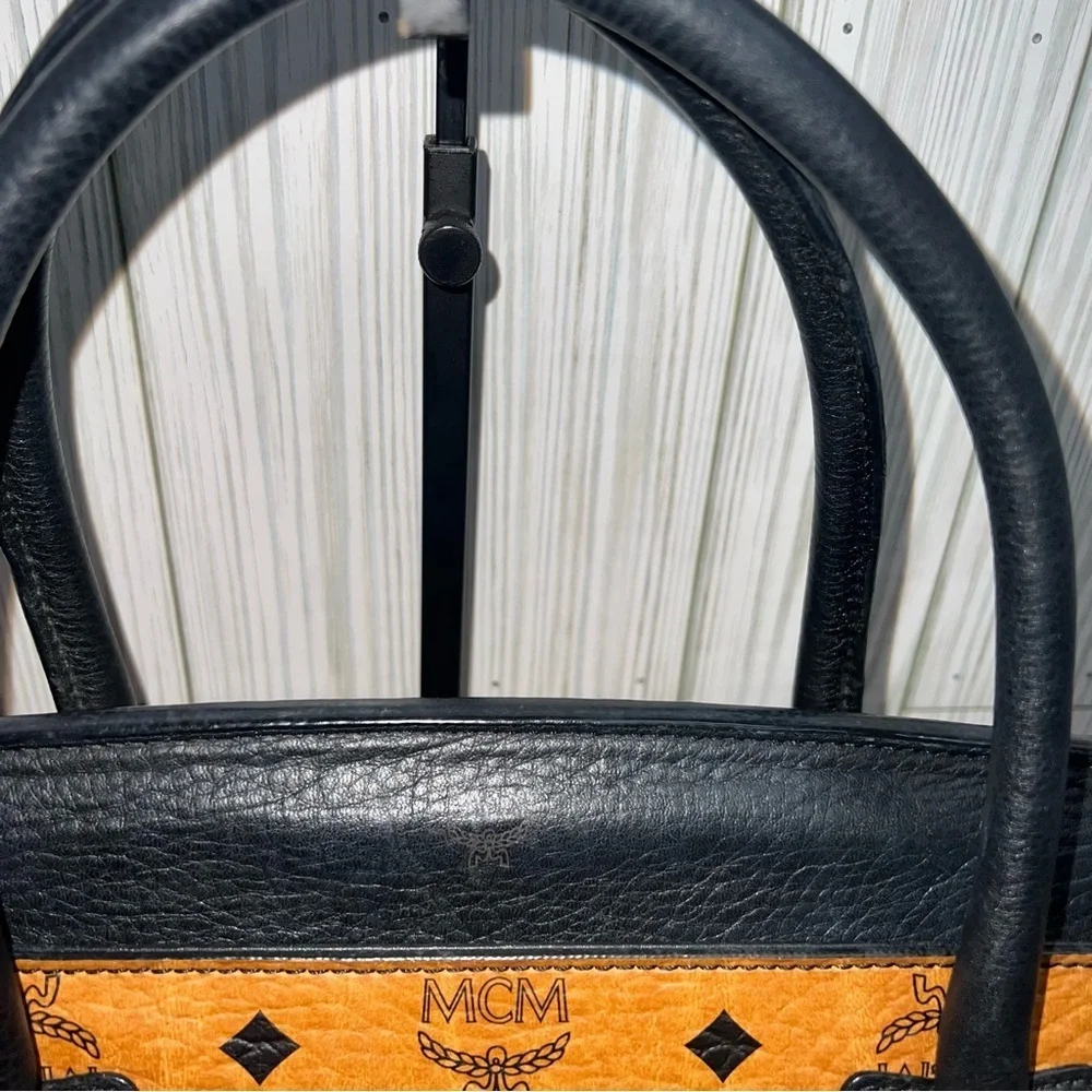 MCM Vintage Cognac Visetos Tote Bag Black Leather Trim Satchel Handbag